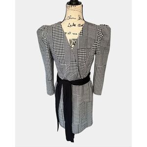 Sami & Jo Retro Houndstooth Dress S Puff Shoulder Long Sleeve V-Neck